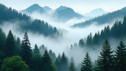 Obraz premium Misty Mountain Forest Landscape with Dark Green Trees