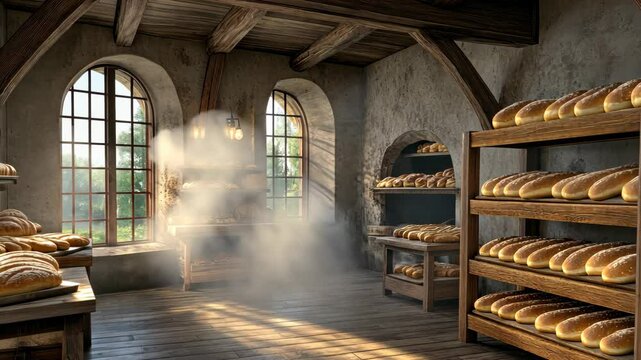 Warm light fills a charming bakery as bakers prepare and display freshly baked bread on wooden shelves, enhancing the inviting atmosphere
