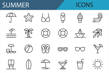 A Collection of Summer Icons Featuring Sun, Beach, Drinks, and Ice Cream