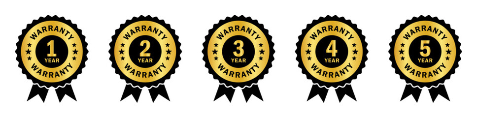 Set of 5 premium black and gold warranty badges from 1 to 5 years. Ideal for product packaging, branding, labels, or quality assurance with vintage style ribbons and bold text. Warranty, icons.