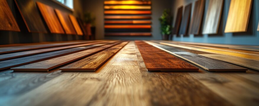 Variety of hardwood flooring samples displayed.