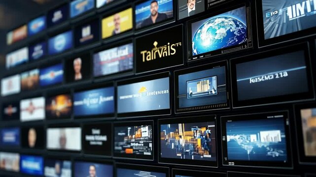 Digital screens illuminate a media center, highlighting current news, reports, and global events with vibrant visuals and engaging content