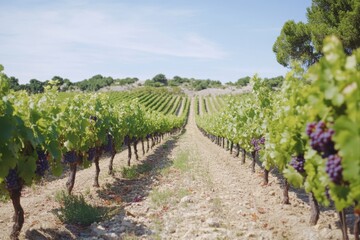 Vineyard rows with grapes under a blue sky for agriculture and wine themes, travel blogs, and viticulture projects.