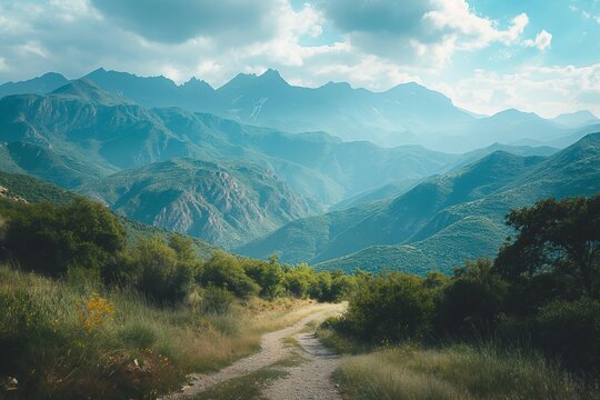 Majestic mountain landscape with a winding path through lush greenery in a serene valley at midday
