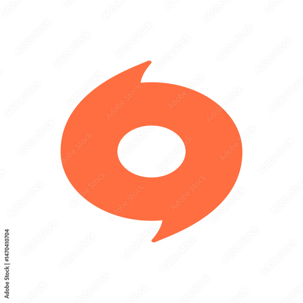 Poster an orange rounded shape with two arrow like points and a circular cut out in the center of the shape