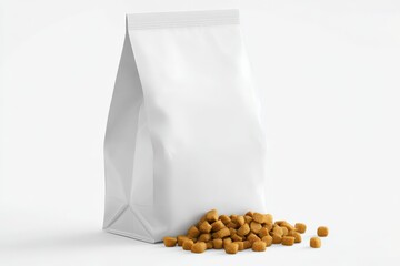 White pet food bag with kibble spilling out. Minimalist product shot.