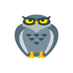 Illustration of a stylized gray owl with yellow eyes and feet standing upright on a white background