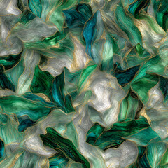 Emerald and Gold Abstract: An abstract painting featuring swirling emerald green and teal hues, accented with metallic gold veins, creating a luxurious and opulent texture.