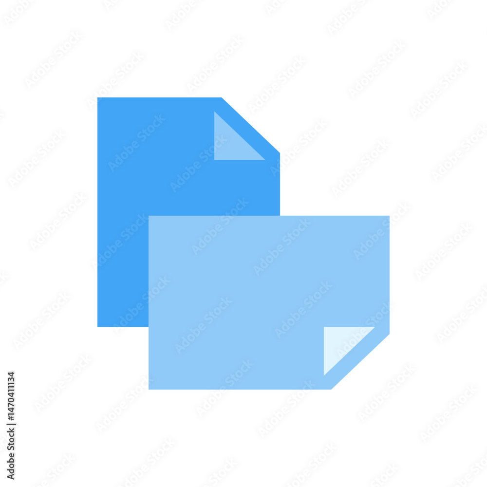Poster two overlapping blue documents with curled corners representing file duplication or copy function ic