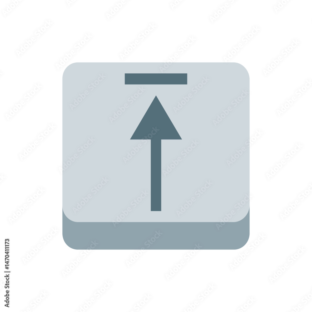 Poster illustration of a gray rounded square button with an upward pointing arrow and a line above it in th