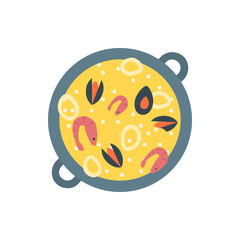 Overhead view of a pan filled with paella featuring shrimp mussels and squid rings on a yellow base