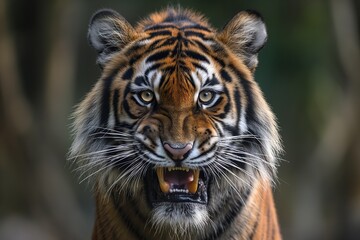 Naklejka premium Furious tiger displaying its teeth and fierce expression in a natural habitat during daylight