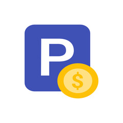 Illustration of a blue parking sign with a white p and a gold coin featuring a dollar sign symbol near it