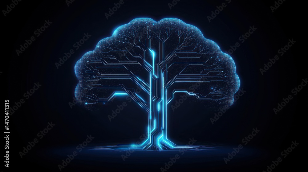 Poster The abstract image illustrates a stylized glowing circuit tree on dark background