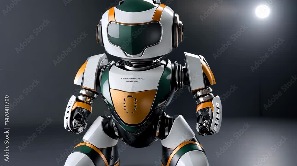 Poster a dynamic robot with a futuristic design stands out, featuring unique colors and intricate mechanica