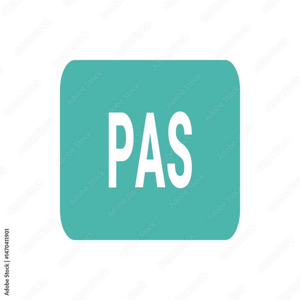 Poster a teal rounded rectangle with the word pas in white centered inside the rectangle in a simple clean 