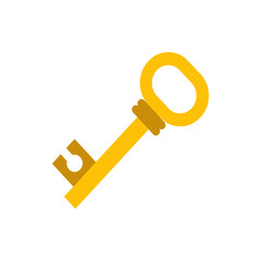 A golden key with a simple design is displayed diagonally on a white background in a minimalist style