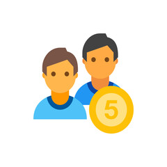 Two people avatars with orange skin and blue shirts next to a gold coin with the number five on it