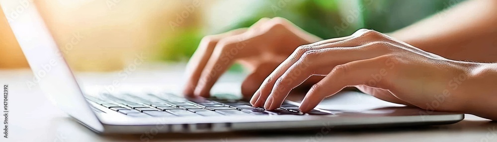 Poster person typing on a laptop computer with fingers and hands visible