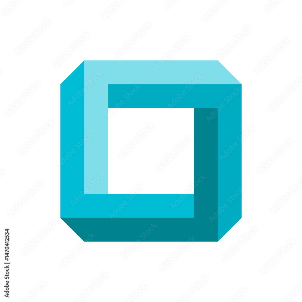 Poster a cyan impossible cube with a white square in the center creating an optical illusion on a white bac