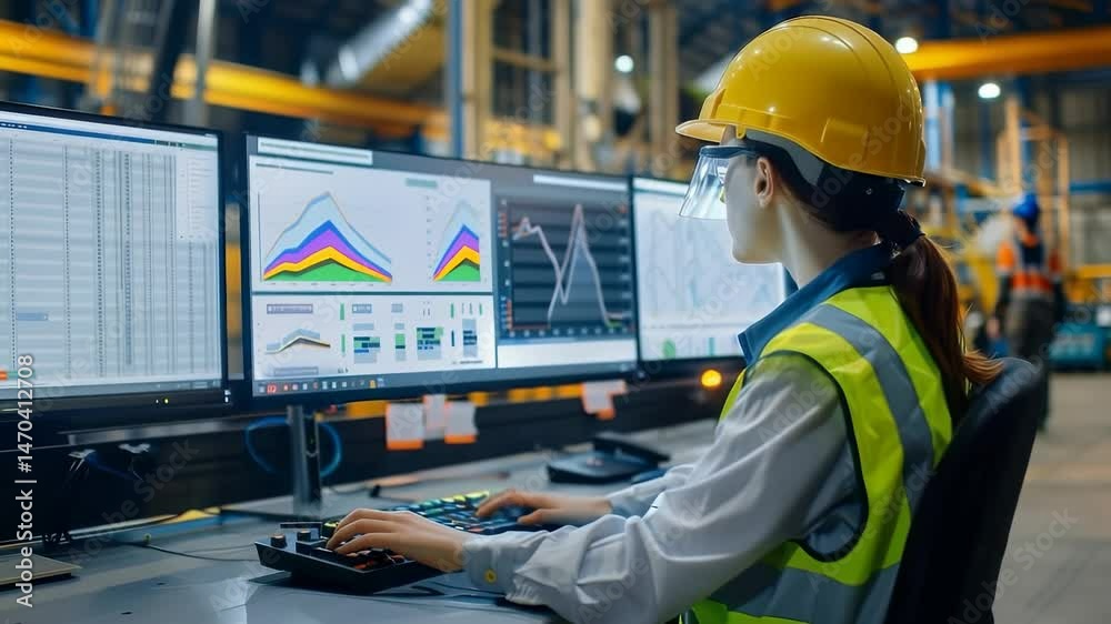 Aufkleber female industrial worker wearing safety equipment monitors computer screens with analytics and chart