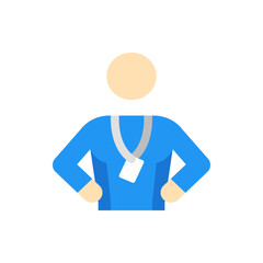 Illustration of a person with a badge wearing a blue shirt and standing with hands on hips in a simple style