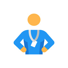 Illustration of a person with orange head wearing a blue shirt and a lanyard with a white badge around neck