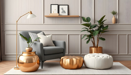 Obraz premium Modern composition of living room with design gray armchair, gold pot with beautiful plant, pouf, pillows and elegant personal accessories. Wall panelling with shelf. Stylish home staging. Template,