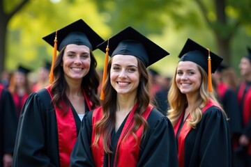 Proud graduates in caps and gowns celebrate their academic achievement at an outdoor ceremony , tassel, stage