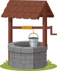 Stone water well with wooden roof and metal bucket in green grass vector illustration