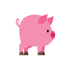 Illustration of a pink pig with a curly tail and brown hooves standing on a white background view side