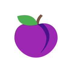 Illustration of a single plum with a green leaf and brown stem on a white background design art