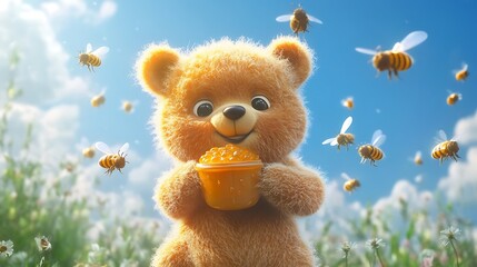 Fototapeta premium A lovable cartoon bear happily holding a honey pot while bees buzz around.