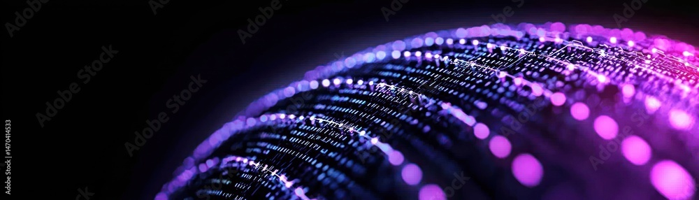 Poster a curved abstract digital data sphere glows with bright violet light