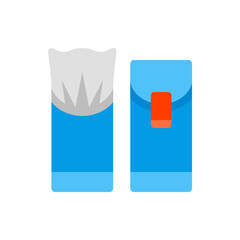 Illustration of a blue wet wipes package with a white top and a blue wallet with orange clasp