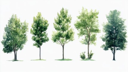 Set of watercolor green trees isolated on a white background, ideal for landscape and architectural drawings, environmental elements, gardens, and botanical spring sections