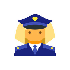 Illustration of a blonde female police officer with a blue uniform and hat with a yellow badge design