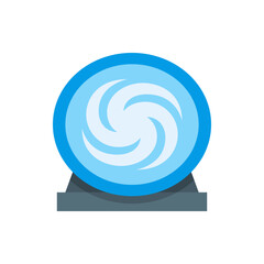 Illustration of a blue crystal ball with swirling white patterns on a gray stand isolated on white background