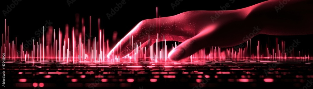Poster a hand interacting with glowing lines over a surface
