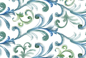 Seamless watercolor motif pattern. Baroque pattern design.
