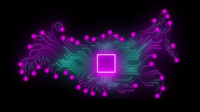 Ai computing neon animation. Cpu animated icon glow effect. Scaling verbal sign. Machine learning acceleration. artificial intelligence, deep learning, futuristic processors, and smar