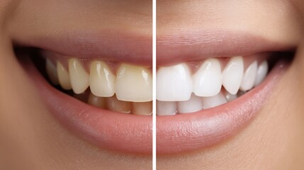 Before/After Dental Whitening, Close-Up of Yellowish vs Bright White Smile Split