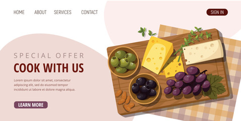 Delicious cheese platter with various cheeses, nuts, olives and fresh grapes on a wooden cutting board. Wine and a corkscrew on the table. The concept of wine tasting.