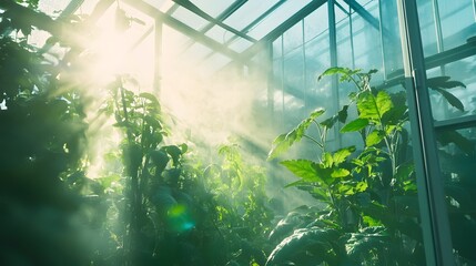 Sunlit greenhouse interior filled with lush green plants and a misty atmosphere, creating a serene and natural environment.