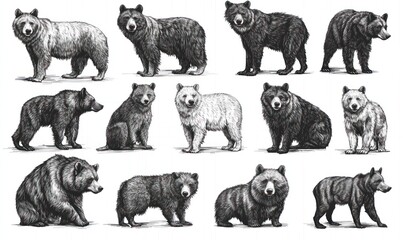 Obraz premium Twelve detailed ink drawings of bears in various poses and shades of gray and white, showcasing different bear species