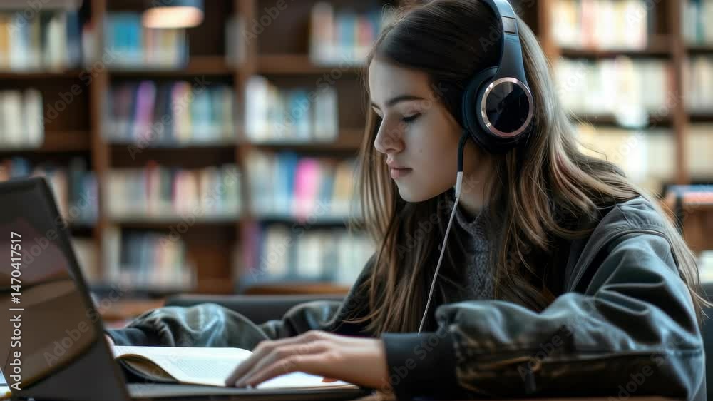 Poster a young woman is engrossed in studying with a laptop and book in a library setting. headphones on, s