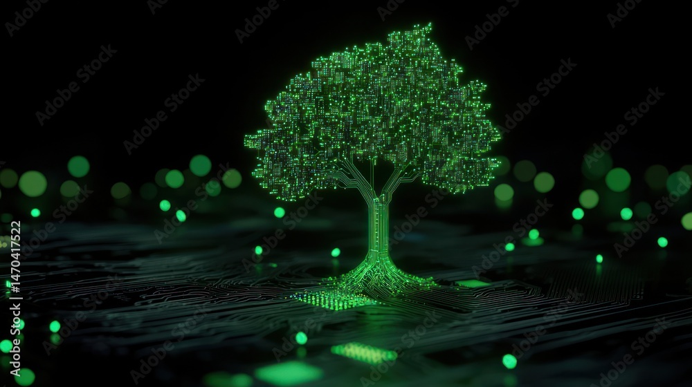 Poster A digital tree composed of circuits glowing brightly on a surface
