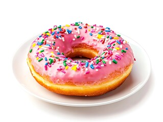 Doughnut With Pink Icing and Sprinkles On A White Plate, Delicious and Sweet