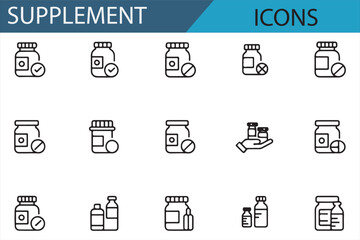 Icons Depicting Supplements, Pills, and Medical Containers for Design Use
