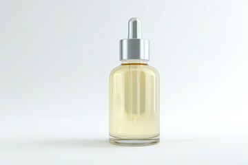 Naklejka premium Glass bottle with dropper filled with light yellow serum. Minimalist product photography.